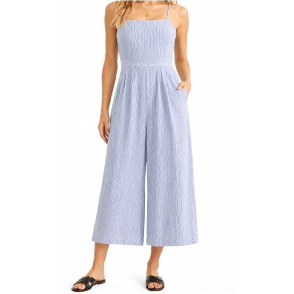 J. Crew 20T Blue White Pinstripe Linen Spaghetti Strap Jumpsuit *Missing Belt*